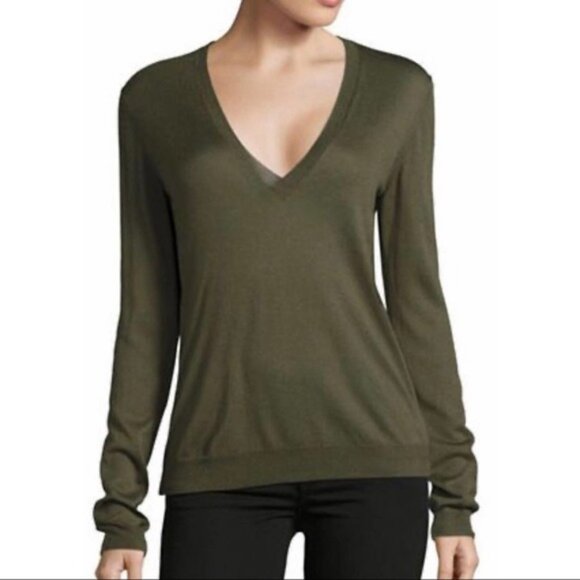 Theory Olive Green Silk Cashmere Blend Knit Yulia V-Neck Sweater - Picture 2 of 6